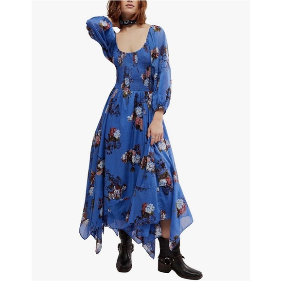Free People Morning Glory Blue Floral Handkerchief Hem Maxi Dress Size XS - Picture 2 of 13